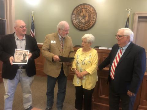 Representatives of the Texas Division, Sons of Confederate Veterans present a copy of Civil War Veterans Buried in Lampasas County, Texas, to the Lampasas County Historical Commission. The book documents 465 Civil War veterans buried in Lampasas County and preserves the stories of the men whose lives helped shape the county's history. Courtesy SCV Camp No. 2353