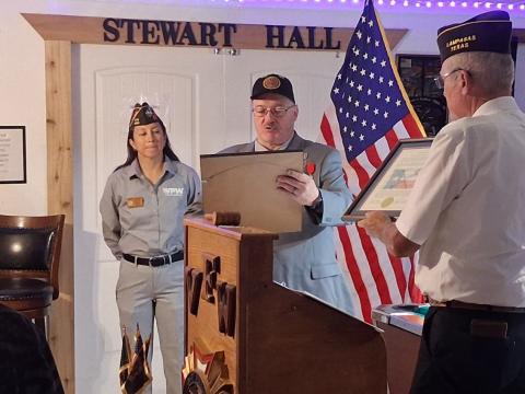 Pictured R-L are Ross J. Cox, Sr. (lst Lt. SCV Camp Commander), Michael Oliver (SCV Camp Commander), and Maria Gonzalez (VFW Post 8539 Commander.