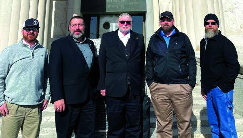 Officers from San Saba Lodge #612 in front of the Grand Lodge of Texas. L-R: Jake Lackey (Senior Warden) Alan Schroeder (Senior Deacon) Les Hammett (Worshipful Master) Chris Daniels (Junior Warden) and Michael Nelson (Secretary).