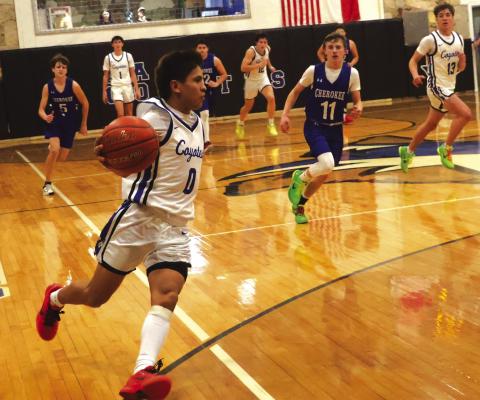 Richland Springs Coyote #0 EJ Aviles, #13 Cohen Ethridge, #1 Hutton Rogers and #12 Eli Hutchins in last week’s game against Cherokee. Courtesy of Pam Starr