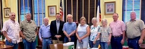 Commissioners Court and County Historical Commission members - Left to right: Kenley Kroll Precinct 3 Commissioner; Mike Poe, Precinct 2 Commissioner; James Lebow, Precinct 1 Commissioner; Judge Jody Fauley; Jerry Blankenship, Marker Chairman; Cindy Prater, Member; Lynn Blankenship, Member; Pat Johnson, Member; Joe Ellis Jr., Member; and Greg Mc-Gregor, Precinct 4 Commissioner.