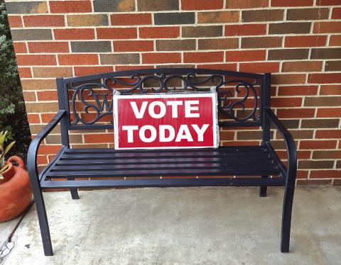 Welcoming bench outside the San Saba polling site - SSFBC