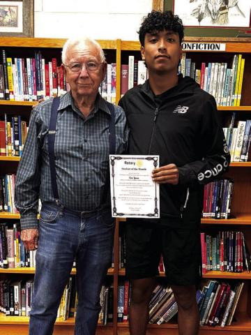 Rotary April Student-of-the-Month was awarded to Eric Yanez. Each month a different senior is awarded. Awards are based on leadership, character, and teacher nominations. They receive a certificate and are invited to a luncheon with the Rotarians. They also get a special parking spot in front of the school for the month. Pictured with Eric (right) is Rotarian Jerry Blankenship (left). Congratulations, Eric.
