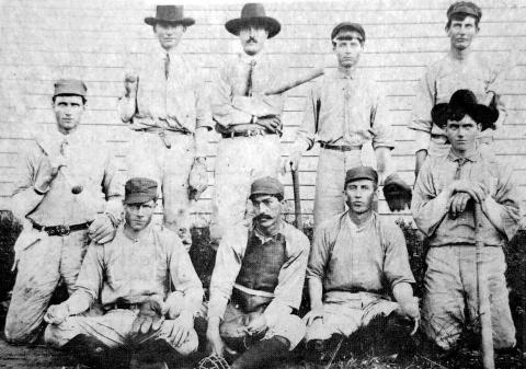 BASEBALL TIME––Burlie Edwards of Richland Springs submits our Memory Lane picture of the week with this 1906 photo of “The Mattock Handle Nine” at Locker. In the front row (l-r) are George Fuston, Ira Locker, Osie Weaver, Jess Coffey and Everett Taylor. Standing are: Bill Edwards, Harmon Richmond, Alex Solsbery and Elmer (Preacher) Harris.