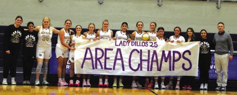 Lady Dillos- Area Champs (L-R) Jimma Fleming, Liliana Carbajal, Holly English, Addy Hay, Baya Baskin, Kloey Smith, Brooklyn Allison, Chassidy Gonzales, Cinzlea Stanton, Olivia Sebastain, Aaliyah Patino, Ema Argote, Coach asst. coach Marki Kinkade, Carolina Cervantes and Head Coach Robert Gray. Courtesy of Kayti Lackey -1916Athletics