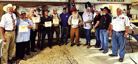 SCV members who completed artillery school L-R: Ross J. Cox, Sr., James Zane Oliver, Michael R. Oliver, William “Bill” Ables, Stephen C. Brister, Jacob Haugh, William “Bill” Dunson, Dustin Lauw, Cheryl Ayers, Billy Ayers, Lee Wallace, and seated in back TX Div. SCV Commander Shelby Little. Photo by Nate Pun, (Chinese Cowboy) - SCV Cleburne