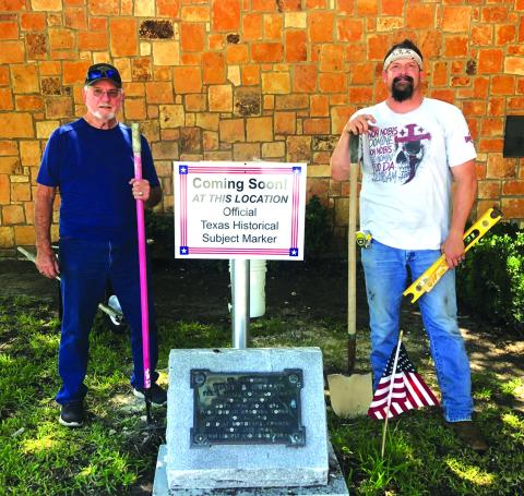 Dewey Hulme (L) and William Temples (R) of the Wiley B. Murray Post No. 27, prepare the mounting post for the new Texas Historical Marker soon to be placed at the City National Bank. Photo by Ross J. Cox, Sr.