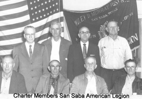 This Photo was taken February 27, 1958, at an American Legion meeting honoring the charter members of the Wiley B. Murray Post. Front row L-R: E. P. Dyess, Otto Harkey, Jim Kelly, Buddy Joiner. Back row: Dr. C. M. Oliver, Martin Knight Carter, Monroe Carroll & Bill Perry. The San Saba Post was chartered August 13, 1919.