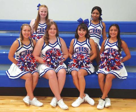 Cherokee High School 2021-2022 Varsity Cheerleaders Top row: Sophomore Chloe Berrio and Senior Raelyn West Bottom row: Sophomore Maycie Shanklin, Sophomore Hailey Penney, Senior Brissa Baugh, and Freshman Lauren Roberson