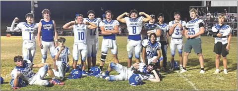 Cherokee Indians pose for a victory photo after their 61-16 win over Bracken Christian last Friday night! Standing: Max Williams, Cayden Houston, Tatum Shanklin, Robert Bench, Brady Johnson, Joel Valdez, Kolton Bench, Carlos Preciado, Jeremiah Wakefield, Franky Penney, and Tyler Kaine. Bottom Row: Gunner Baugh, Robert Sawyer, Wyatt Smarr, and James Beck. Courtesy Valerie Valdez
