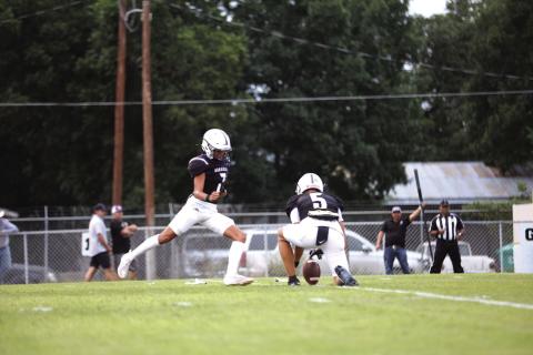 #7 Brandon Gonzales attempts extra point for San Saba.