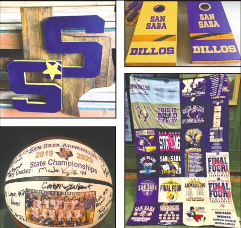 Upper left - Cool sign made from the white gym floor. Top right - Customized cornhole set cut from the recently replaced white gym floor. Bottom left - Basketball signed by 2019-20 Armadillo team. Bottom right - Quilt made from 2019-20 athletic teams’ shirts.