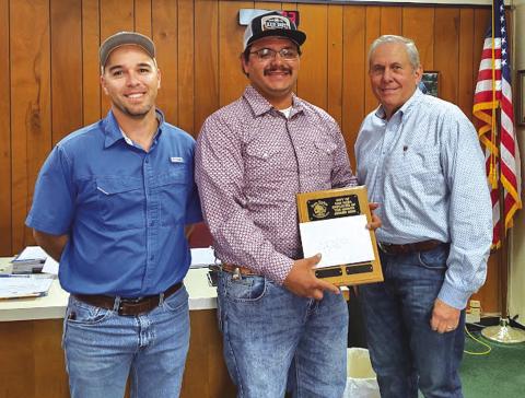 David Valencia of the Water/Wastewater Department was awarded the Employee of the Month award for March of 2025. His name was engraved on a dedicated plaque, and he was given a gift certificate to a local restaurant. Taking part in the ceremony were Water/Wastewater Supervisor Jesse Hunt (left) and Mayor Ken Jordan (right).