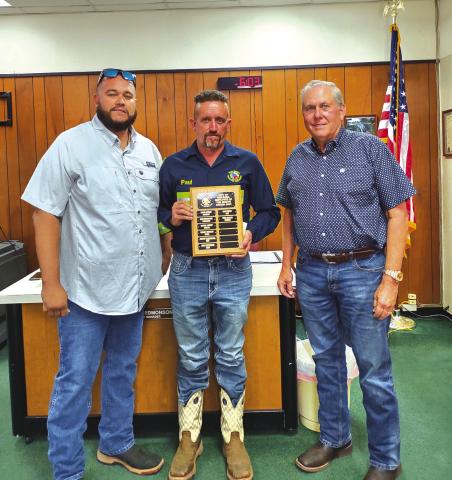 Left to right: Sanitation Department Supervisor Juan Montoya, Paul Alcorn (August Employee of the Month), and Mayor Ken Jordan.