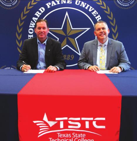 Jeff Kilgore (left), vice chancellor and chief academic officer of TSTC, and Dr. Cory Hines, HPU president, sign an articulation agreement between their respective institutions that will help provide expanded opportunities to students.