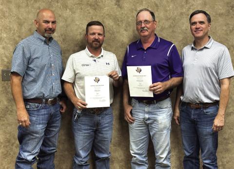 Jake Lackey and Rusty Glover were re-elected to the San Saba Board of Trustees on the election held on Saturday, May 3rd. Pictured left to right are Keith Owen, Superintendent; Jake Lackey, newly elected board member; Rusty Glover, newly elected board member; and Kevin Shahan, Board President. Courtesy of San Saba ISD
