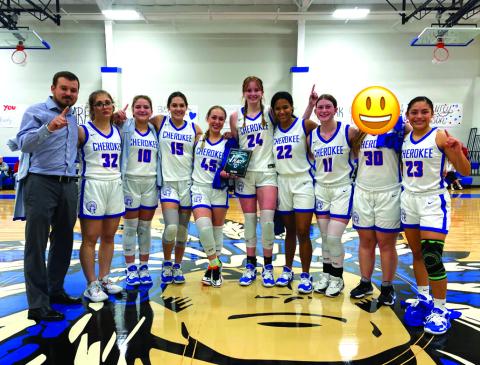 Cherokee tournament champion: Coach Chris Langston, Hannah Sims, Lily Graves, Payton Hanley, Maycie Shanklin, Chloe Berrio, Miracle Irvin, Tilar Turman, and Lauren Roberson Courtesy of Valerie Valdez