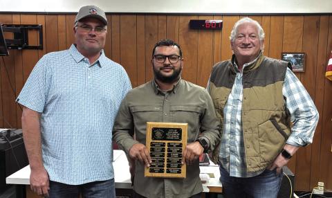 Jesse Gonzalez works for the City of San Saba in the Golf Department, and he was selected as the Employee of the Month for December 2025. Taking part in the presentation of his award was his supervisor Michael Whitley (left) and Alderman Shawn Oliver (right). Congratulations, Jesse!