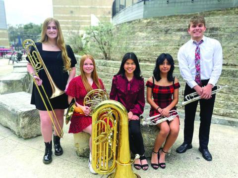 Brass quintet: Delaney Ellis on trombone, Julia Smith on horn, One Nguyen on tuba, Karol Guerrero on trumpet and Everett Eidson on trumpet