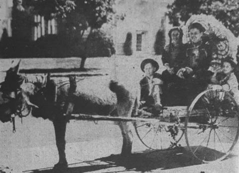 77 Years Ago - ENTRY IN RODEO PARADE – Harking back to the pioneer days was this entry in the Sixth Annual Rodeo &amp; War Bond Rally Parade last Thursday. The donkey cart was entered by San Saba Floral &amp; Gift Shop and won second prize among comical entries. Driving the donkey is Herbert Clark Jr. and left to right are Mrs. John W. Patterson Jr. and Miss Melba Hamilton in the cart seat with little Joanne Clark in the rumble seat.