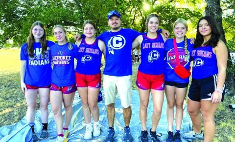 Cross country competitors Tilar Turman, Maycie Shanklin, Lily Graves, Coach Langston, Payton Hanley, Taylor Randolph (manager), and Ariah Ruiz (alternate) Courtesy of Chris Langston