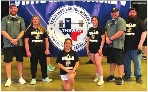 San Saba High School girls varsity powerlifters Austyn Graham, Makinzey Saldivar, and Kynedi Isham happily pose for a photo with their coaches on Thursday, March 18 at the THSPW 1A/2A State Meet held in Corpus Christi. Photo courtesy of Andreas Aguirre and the San Saba All-Sports Booster Club.