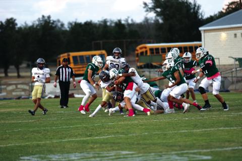 #11 Melvin Umble with 1 of his 8 tackles on the night in San Saba’s victory over Harper. Photo by Kayti Lackey
