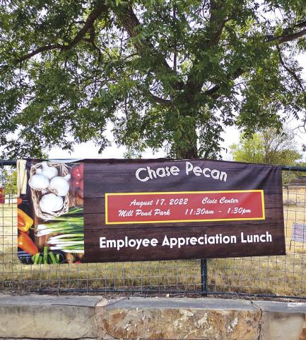 Chase Pecan Employee Appreciation Lunch sign at the entrance to Mill Pond Park