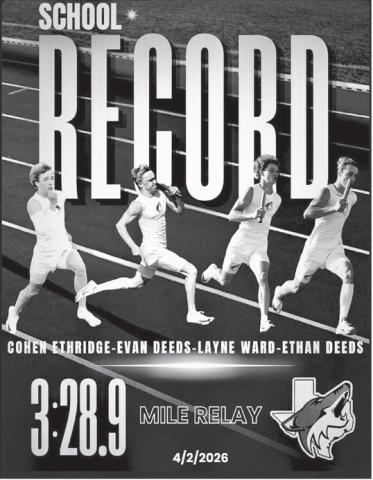 We would like to congratulate these four boys on breaking the school record in the Mile Relay today (April 2)! Cohen Ethridge, Evan Deeds, Layne Ward, and Ethan Deeds- 3:28.9. If you haven’t made it to a track meet to watch your Richland Spring Coyotes and Lady Coyotes-make arrangements!! This isn’t the only record that has been broken! These kids are pretty amazing and would love your support! Courtesy of Richland Springs Coyote Booster Club