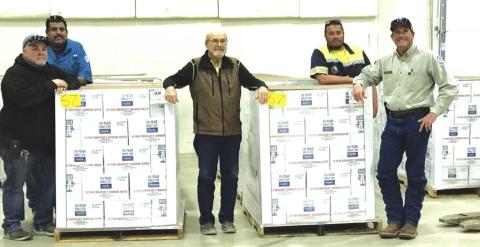 Shown are City employees taking a brief pause after unloading pallets of water provided by Texas Department of Emergency Management (TDEM) during Storm Uri. Left to Right are as follows: Norman Pierce, Shop Maintenance Supervisor; Luis Rios, Street Department Supervisor; Stan Weik, City Manager; Juan Montoya, Sanitation Supervisor; and Scott Glaze, Public Works Director.