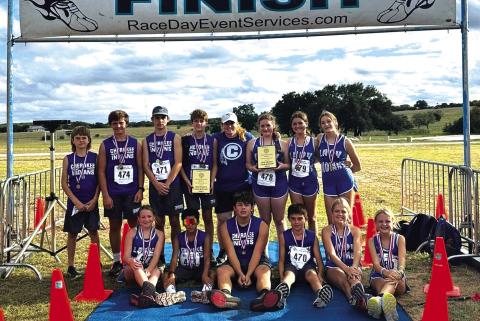 Cherokee ISD Cross Country: (top row) Rein Hooten, Brady Palermo, Preston Hanley, Jaxon White, Coach Kallie Johanson, Ella Graves, Reese Miller, Emily Penney; (bottom row) Preslee Duggan, Christopher Oakman, Uriah Valdez, Parker Hanley, Taylor Randolph, Morgan Palermo. See story on page 13. Courtesy of Kallie Johanson