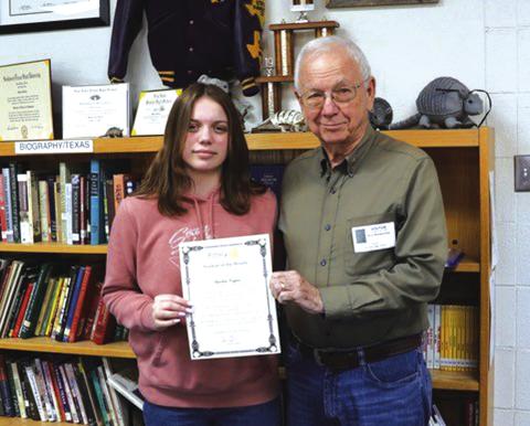 Rotary December student-of-the-month was awarded to Sheridan Haynes. Each month a different senior is awarded. Awards are based on leadership, character, teacher nominations, and a personal essay written by the student. Recipients are presented to the student body as well as the school board. They receive a certificate and are invited to a luncheon with the Rotarians. They also get a special parking spot in front of the school for the month. Congratulations Sheridan! Sheridan with Rotarian Jerry Blankenship