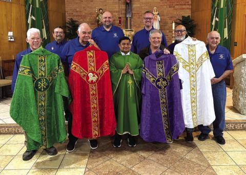 Pictured from (L-R) Front row: Mark Hedley, Rick Lambert, Fr. Jojappa Polisetty, Michael Wadsworth, David Chapman, and Alonso Calderon; Back Row: Ray Torres, Michael Calderon and Chans Moellendorf; Knights of Columbus members not pictured are: Dee Edmondson, Don Fowler, Modesto Jimenez, and Ray Martinez