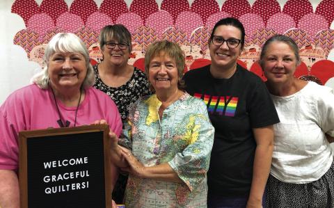 Graceful quilting group at the Cherry Spring Retreat in Fredericksburg: Debbie Phelan, Kathy Davee, Sue Ransom, Jennilee Autry, Cathy Ledbetter