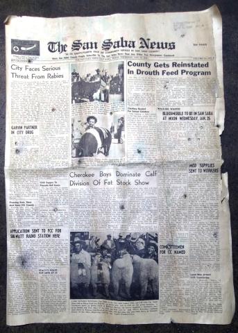 The Front Page from the January 19, 1956, edition of The San Saba uncovered in the flood cleanup.