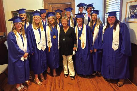 Richland Springs 2024 Baccalaureate attendees Kenzie Gossett, Mackenzie Schuessler, Jaylen Ethridge, Josh Usuary, Maddie Bailey, Ryleigh Bryant, Sue Ransom (Richland Springs Report), Reagan Wright, Kenny Triplett, Jayden Sutherland, Troy Shelton, Lili Appleton, Savannah Garcia Photo courtesy of Sarah Locker