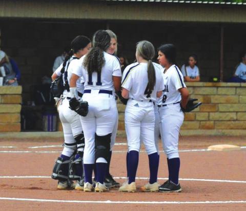 Players from the San Saba High School varsity softball team huddle together on Monday, April 19th, during the Lady Dillos' 6-3 victory at home over District rival Goldthwaite High School on Senior Night. Photo courtesy of Rita Boultinghouse
