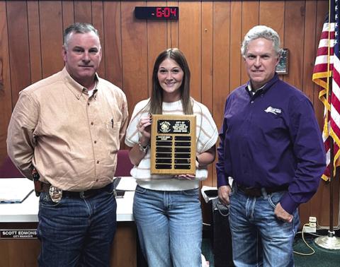 Courtney Grady, Police Department Administration, (center) was selected as Employee of the Month. Courtney stated working with the Police Department in January of 2023. Police Chief Newkirk (left) and Alderman Marcus Amthor (right) participated in the presentation of the plaque with her name on it and a gift certificate to a local restaurant.