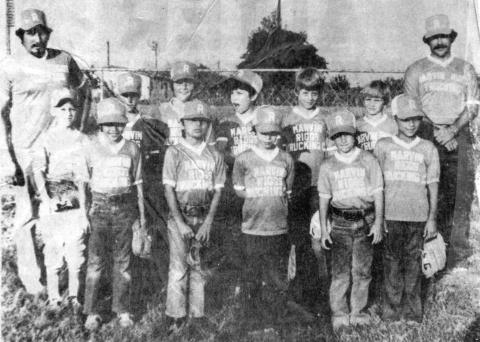 July 1981–RIGGS TRUCKING TEAM – These young men ages 8-10 play for the Marvin Riggs team in the San Saba youth league. They are (back) coach Domingo Jimenez, Heath Humphrey, Steven Sloan, Marcus Cantu, Matt Riggs, Shane Plumley, coach Eddie McGee, (front) Robbie Eckhoff, Rumaldo Martinez, Gary Guerro, Jason Lambert, Brady McGee and Jackie Jimenez. –Photo by Gail Sloan, News Staff
