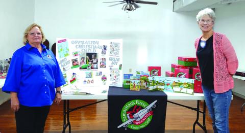 Lisa Valdez (left) gives a presentation on Operation Christmas Child at the Rotary Club Meeting that was held on October 20th at Pepperbelly's. Pictured with Lisa at the right of the display table is Beth Griess, Rotary Club President.