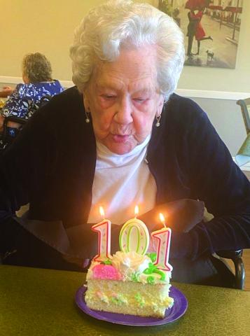 Elsie Livers celebrated her 101st birthday March 9th, surrounded by her family and fellow residents of San Saba Nursing and Rehabilitation. She is seen in this picture blowing our the candles on her piece of the birthday cake - a white sheet cake decorated with her favorite colors, pink and purple. Photo taken by her granddaughter, Ashley Harrison, and submitted by her daughter, Karen Sloan.