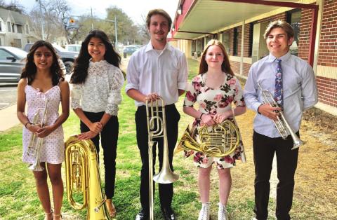Brass Quintet members are: Karol Guerrero, One Nguyen, John Meador, Julia Smith, and Everett Eidson.