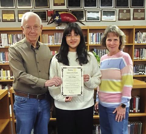 Rotarians Jerry Blankenship and Jacqui Carlson with Andrea Rodriguez, Rotary Student-ofthe-Month for February. Photo by Leanne Johnson