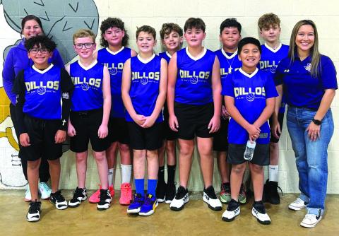 Dillos - 5th / 6th grade boys Top L-R: Assistant Coach Ana Sanderson, Sloan Sanderson, Ryder Ringo, Umberto, Warren Uli, and Head Coach Laura Bessent. Bottom L-R: Kyler Bessent, Preston Mallendorf, Corbin Ward, Wyatt Ward, and Ubaldo.