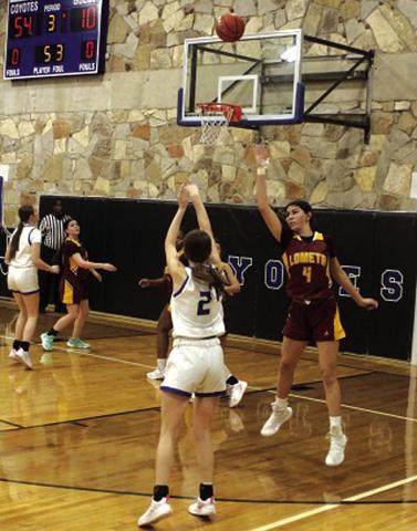 Emma Bryant #2 was unopposed in this three-point shot during last Friday’s 70-19 victory over Lometa.