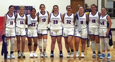 Lady Indians ~ Left to right:  Tilar Turman, Taylor Randolph, Lauren Roberson, Payton Hanley, Ella Graves, Hannah Sims, Cherokee HS Junior, Lily Graves, and Preslee Duggan
