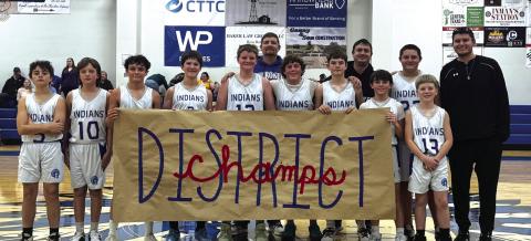 Junior High Indians ~ District Champs: Knox Williams, Seth Darrow, Mason Rogers, Kyson Shanklin, Caden White, Coach White, Remi Neyland, Rein Hooten, Coach Moss, Jax Williams, Bentley Watson, Bentley Morris, and Coach Martin Submitted by Kari Owen
