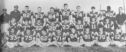 SAN SABA'S FIGHTING ARMADILLOS -–– Here is the 1970 San Saba Armadillo squad, ready to battle the Mason Punchers Friday night when they make their first appearance this season on Rogan Field. In the back row, left to right, are Coach Paul Mosley, Coach James Gibson, Tom Epperson, Tom Murray, Glennon Mays, Henry Harrison, Edward Shapiro, Sam Murray, Richard Jackson and Coach John Baskin. The middle row, same order, includes Keith Sterner, Eddie Watson, Mike Reavis, Craig Pierce, Norris McCarty, Jay Kuykendal