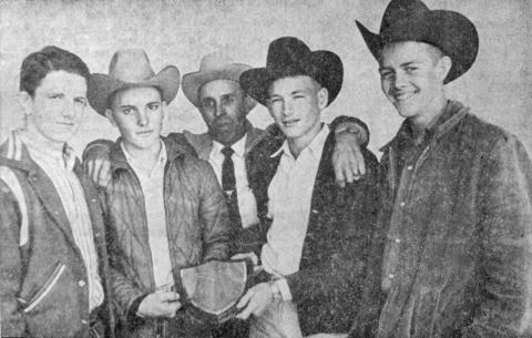 LIVESTOCK JUDGING WINNERS––The San Saba county 4-H judging team, pictured above, won first place in the 32nd Annual San Angelo Livestock Show and Rodeo judging. They are, from left to right, Rickey Lusty, David Behrens, County Agend Billy Kidd, Buddy Mays and Dick Miller. The team scored 1,628 points to take the top honor in the contest.–– Photo by courtesy of San Angelo-Times; March 22, 1965 issue of San Saba News