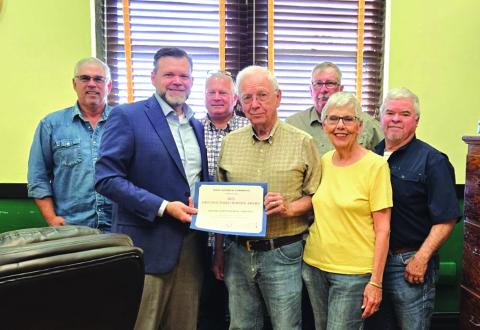 Judge Jody Fauley presenting the CHC Distinguished Service Award F/Y 2023 for Outstanding Work to Jody and Lynn Blankenship of the County Historical Commission at the June 7, 2024, Commissioners’ Court meeting. Standing behind them are the County Commissioners (l-r): Kenley Kroll, Greg McGregor, Mike Poe, and James Lebow. Photo courtesy of the County Judge’s office